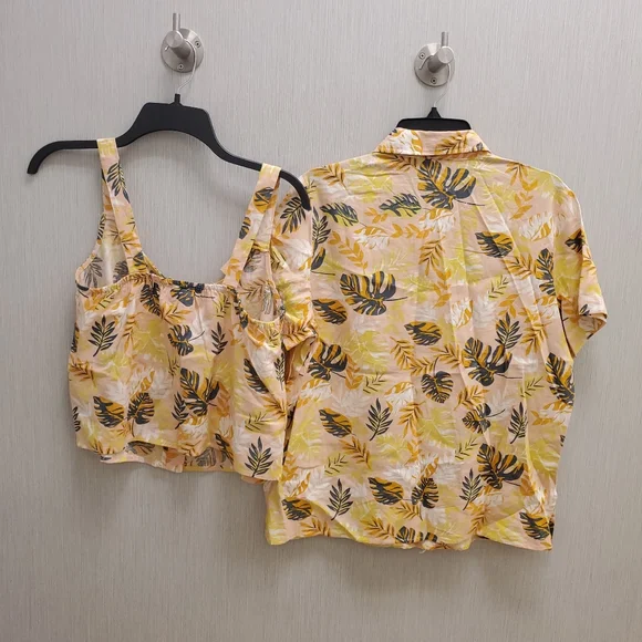 3 Piece Linen Set Matching Pants Tank Collared Shirt NWOT Floral Nicole Miller - Picture 5 of 10